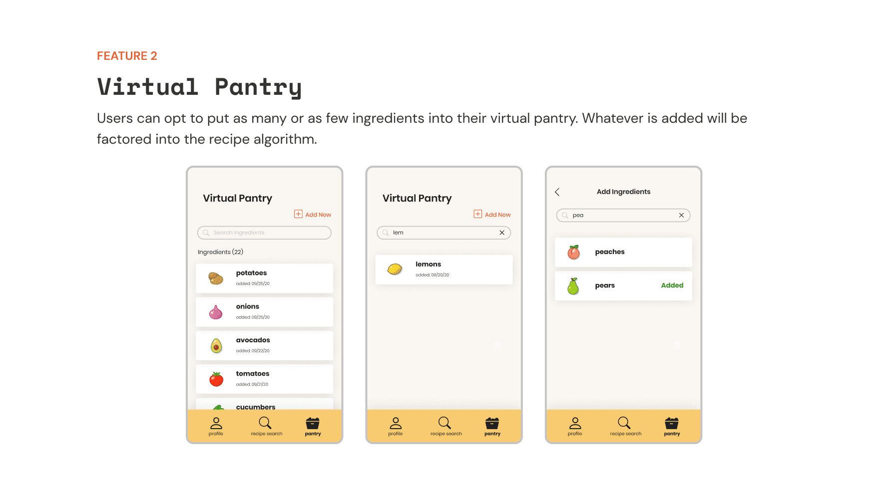 screens showing the virtual pantry