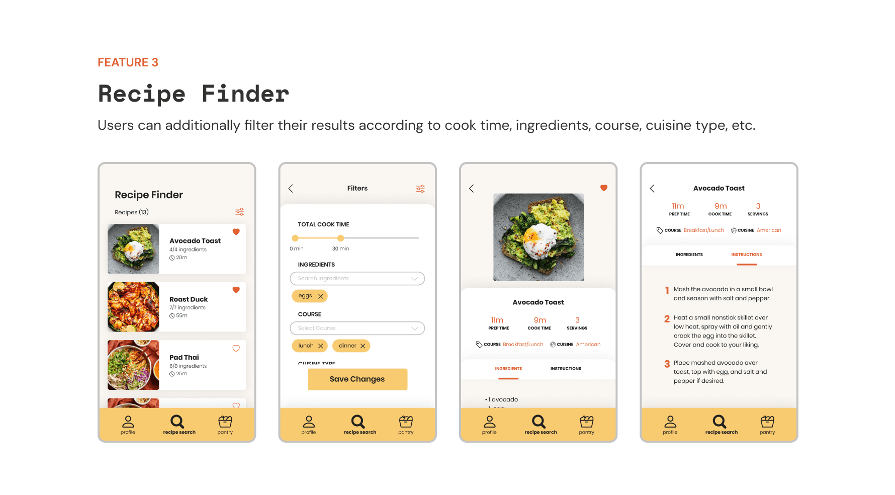 screens showing the recipe finder, filters, and recipe details