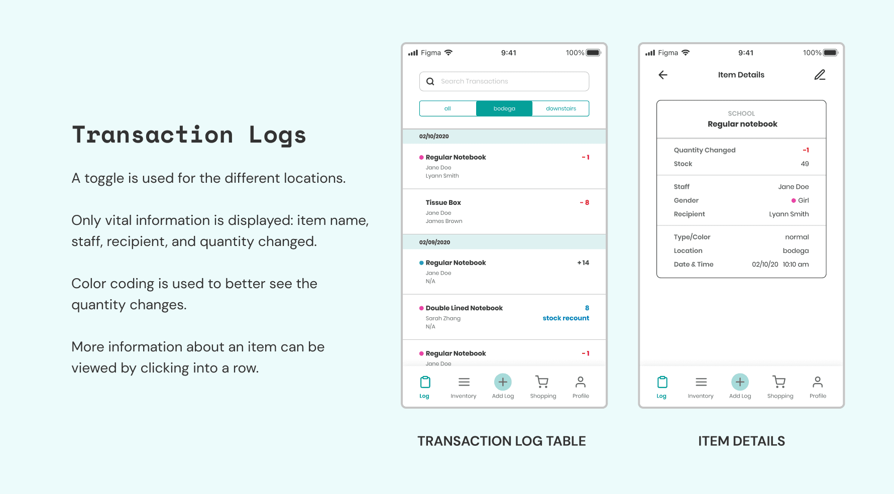 screens of the newly designed transaction log